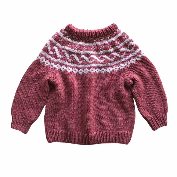Girls Hand Knit Dusty Rose White Fairisle Sweater - Picture 1 of 7
